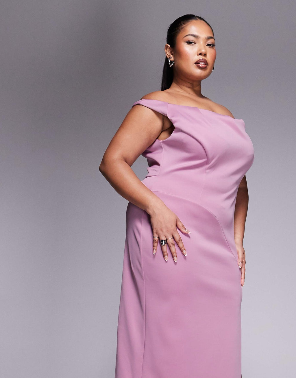 ASOS DESIGN Curve pleated bardot maxi dress in rose in scuba-style fabric