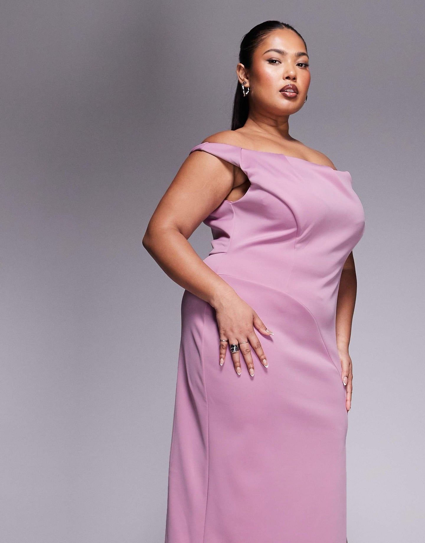 ASOS DESIGN Curve pleated bardot maxi dress in rose in scuba-style fabric