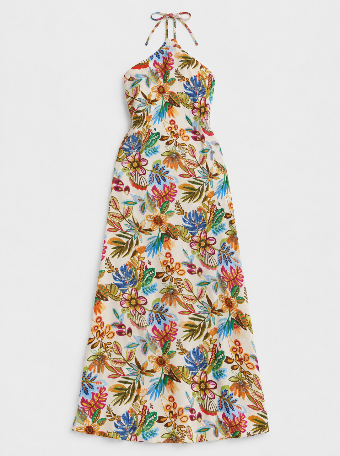 Flat lay of Halter Backless Print Maxi Dress - Cream Combo on a light grey background