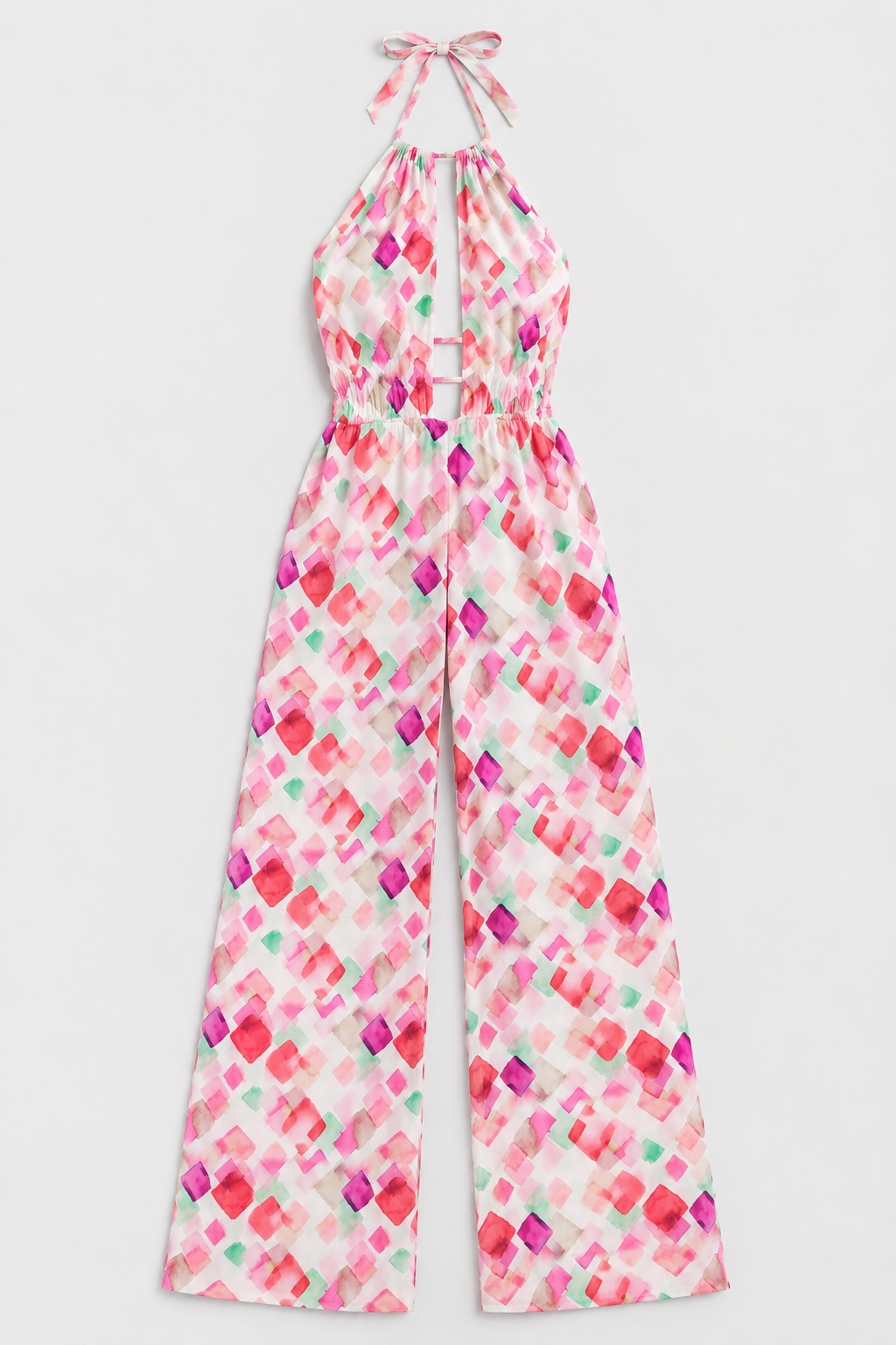 Flat lay of Halter Tie Wide Leg Jumpsuit - Pink Combo on a light grey background