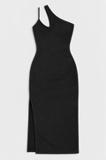 Flat lay of High Slit One Shoulder Midi Dress - Black on a light grey background