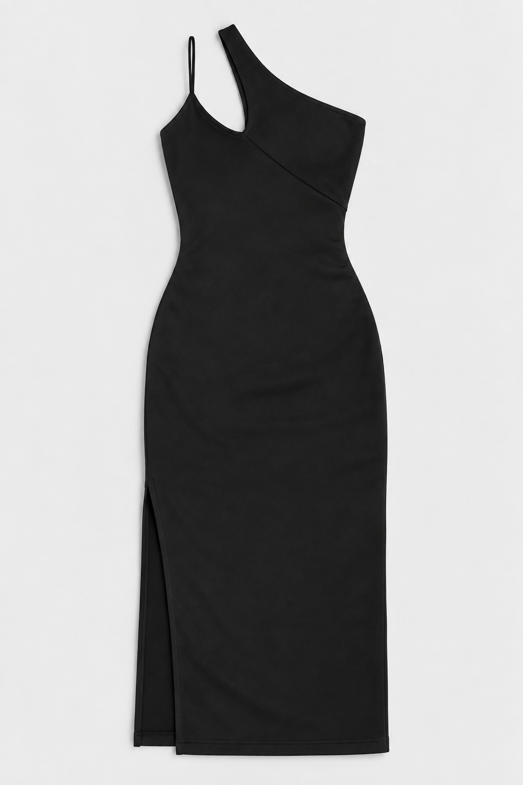 Flat lay of High Slit One Shoulder Midi Dress - Black on a light grey background