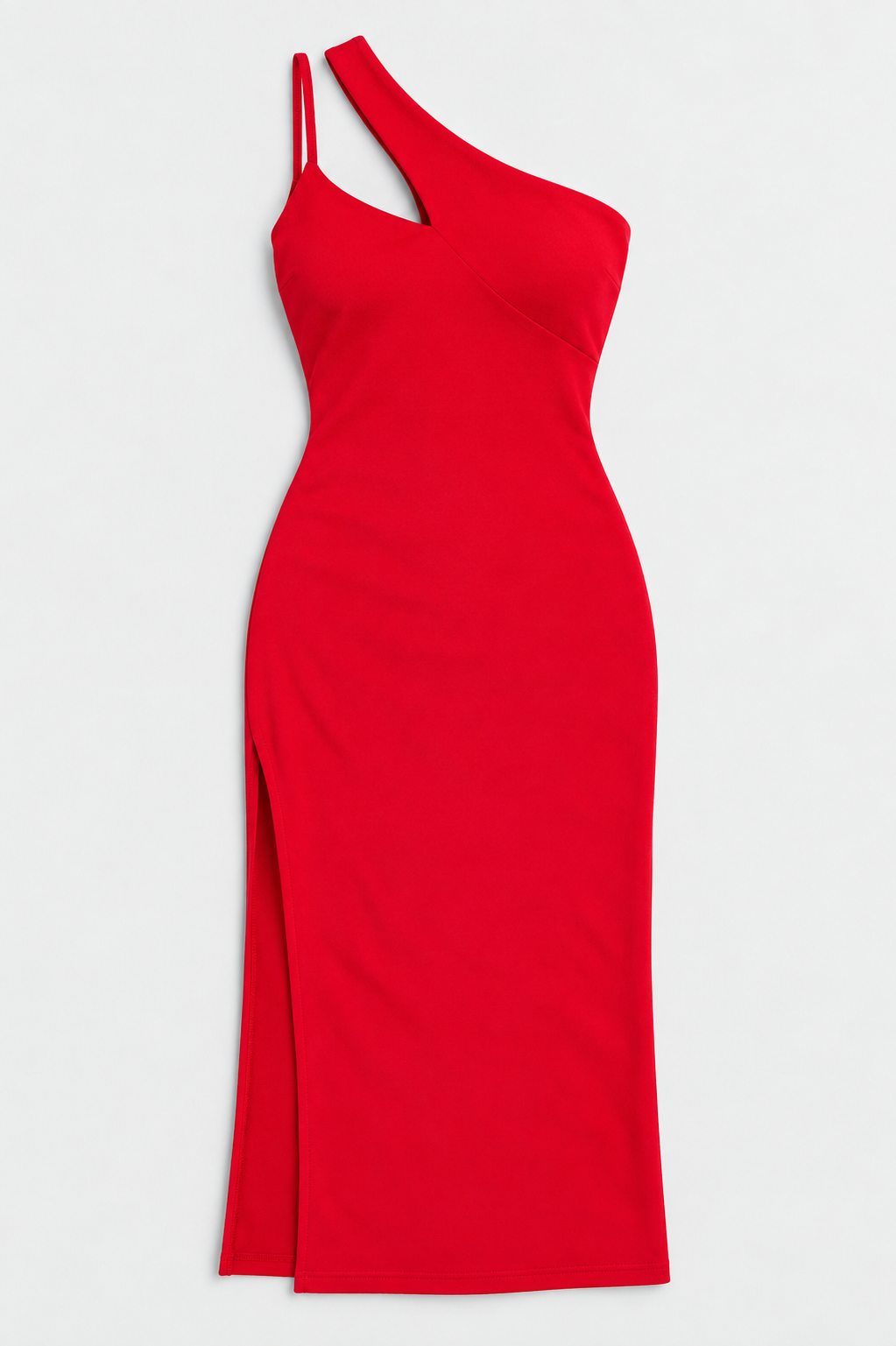 Flat lay of High Slit One Shoulder Midi Dress - Red on a light grey background