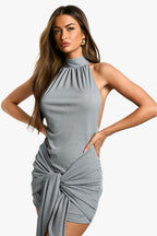 Textured Mesh Ruched Neck Tie Waist Mini Dress