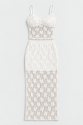Flat lay of Lace Tank Top and Maxi Skirt Set - Off White on a light grey background