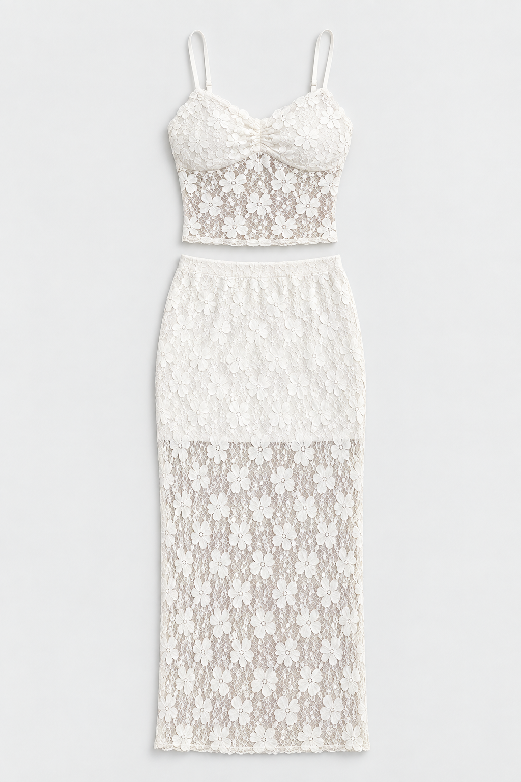 Flat lay of Lace Tank Top and Maxi Skirt Set - Off White on a light grey background