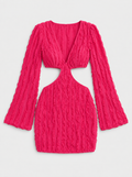 Flat lay of Long Sleeve Cutout Textured Mini Dress - Fuchsia on a light grey background