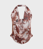 Brown Floral Printed Mesh Halter Neck Top
