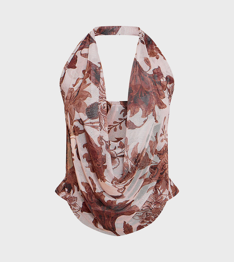 Brown Floral Printed Mesh Halter Neck Top