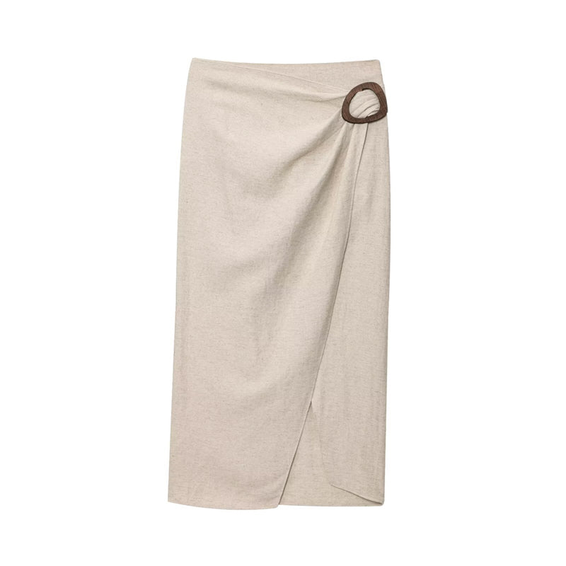 Beige Pleated V-Neck Top & Buckle Detail Skirt Co-ord