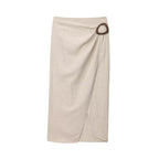 Beige Pleated V-Neck Top & Buckle Detail Skirt Co-ord