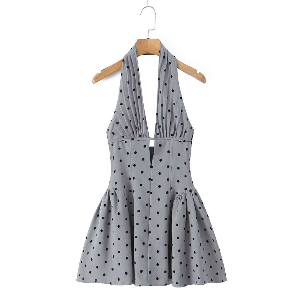 Hollow Out Gray Color Polka Dot Mini Halter Dress