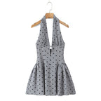 Hollow Out Gray Color Polka Dot Mini Halter Dress