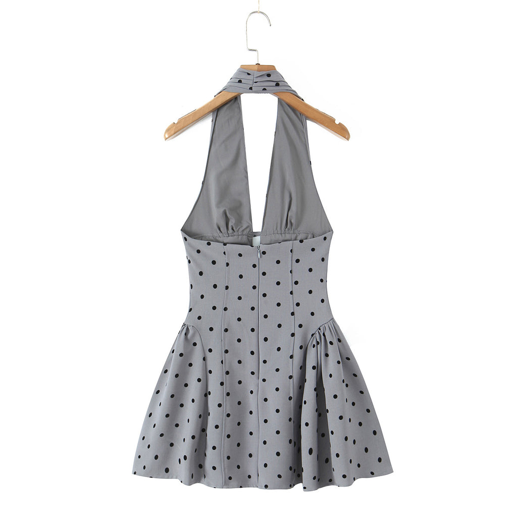 Hollow Out Gray Color Polka Dot Mini Halter Dress