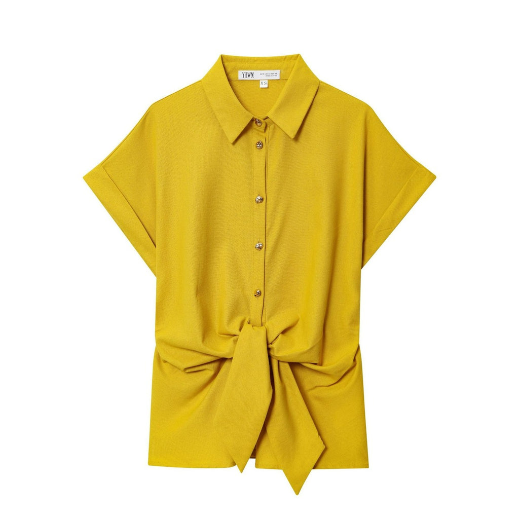 Yellow Twisted Knot Button-Down & High-Waist Straight Leg Set