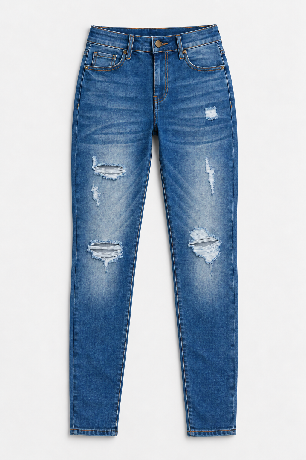 Flat lay of Mid Rise Ripped Stretch Skinny Jeans - Dark Wash on a light grey background