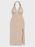 Flat lay of Open Back Sleeveless Midi Dress - Taupe on a light grey background