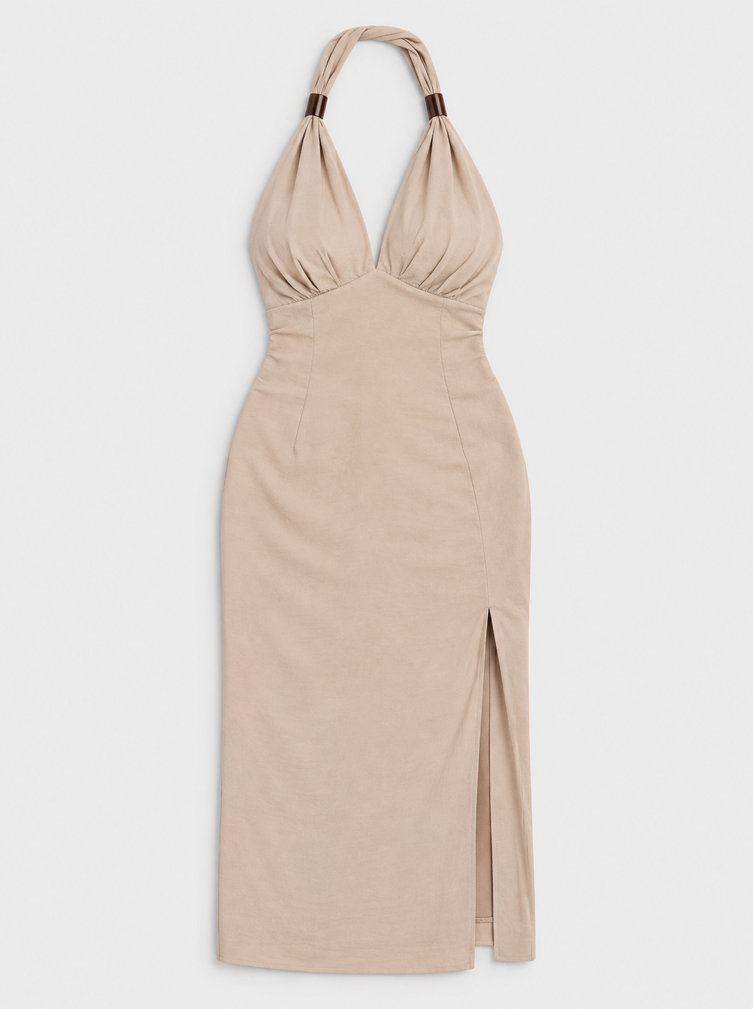 Flat lay of Open Back Sleeveless Midi Dress - Taupe on a light grey background
