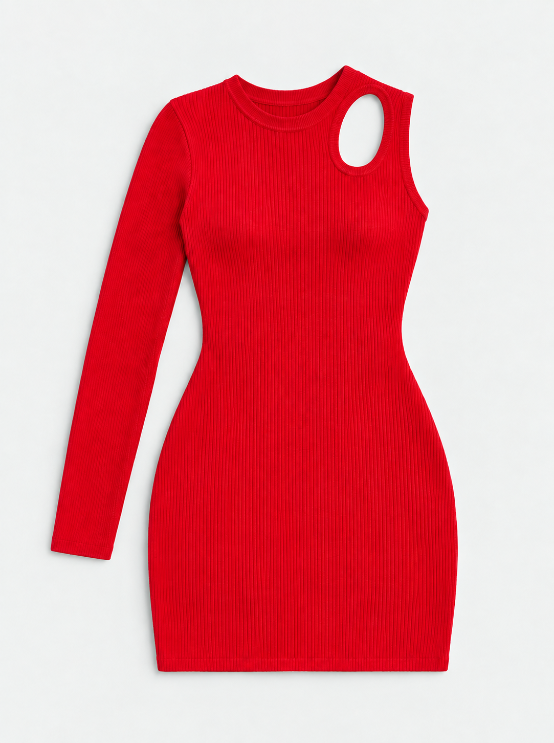 Flat lay of Ribbed One Shoulder Cutout Mini Dress - Red on a light grey background