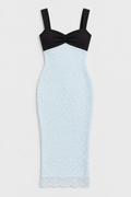 Flat lay of Ruched Bust Lace Midi Dress - Black and Blue on a light grey background