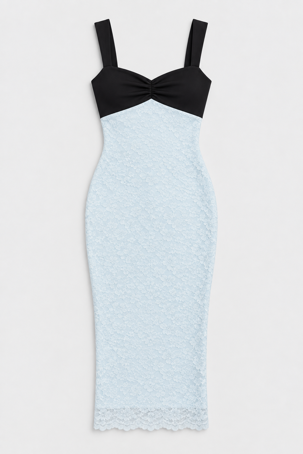 Flat lay of Ruched Bust Lace Midi Dress - Black and Blue on a light grey background