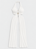 Flat lay of Ruched Cutout Halter Maxi Top - White on a light grey background