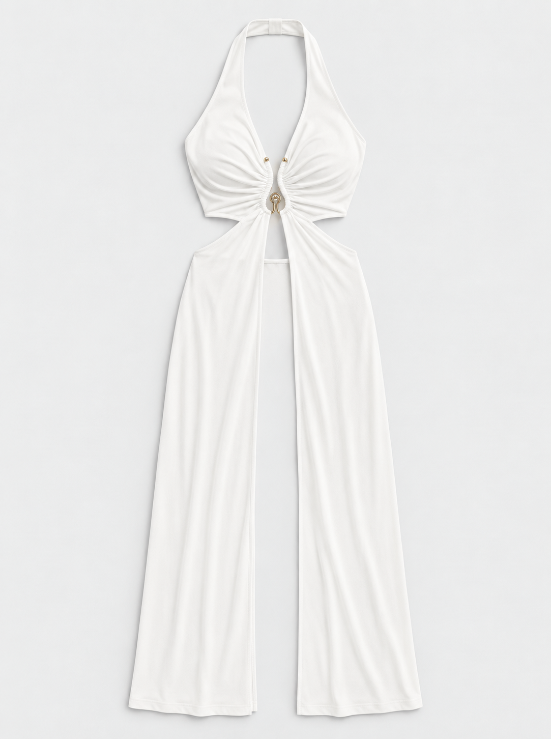 Flat lay of Ruched Cutout Halter Maxi Top - White on a light grey background