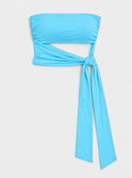Flat lay of Ruched Tie Waist Tube Top - Aqua on a light grey background