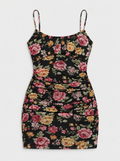 Flat lay of Scoop Neck Floral Mesh Mini Dress - Black on a light grey background