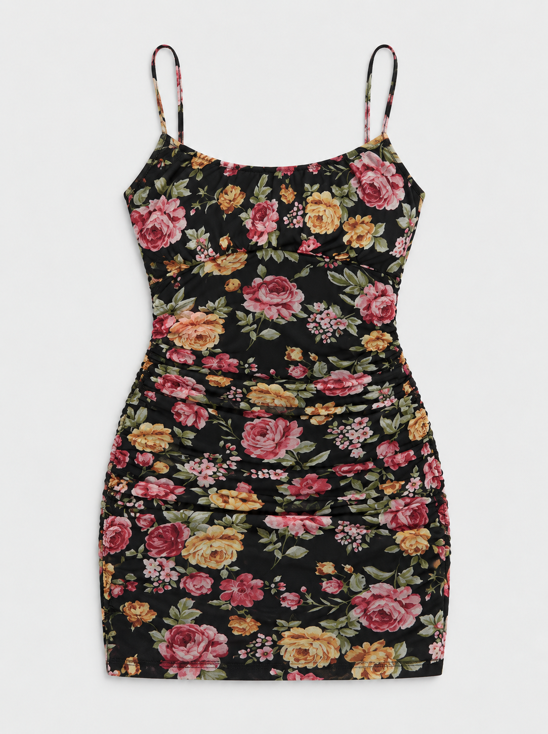 Flat lay of Scoop Neck Floral Mesh Mini Dress - Black on a light grey background