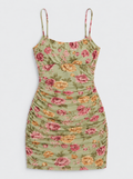 Flat lay of Scoop Neck Floral Mesh Mini Dress - Green on a light grey background