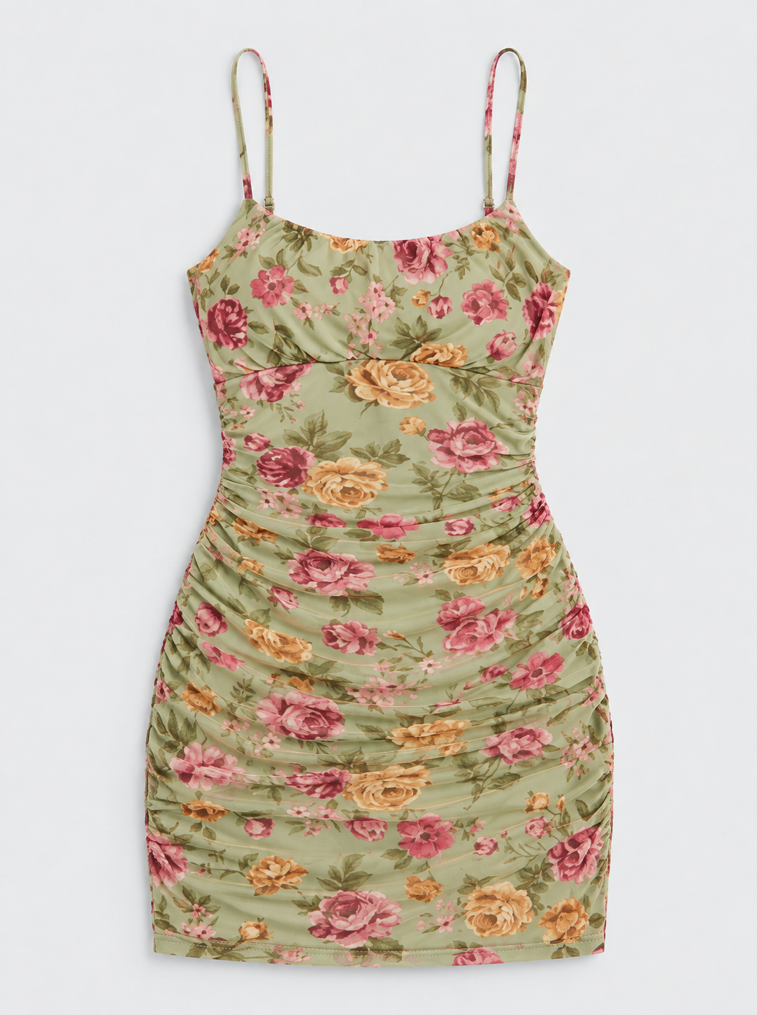 Flat lay of Scoop Neck Floral Mesh Mini Dress - Green on a light grey background