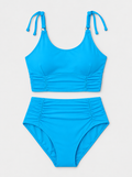 Flat lay of Shoulder Tie Ruched Two Piece Bikini - Teal on a light grey background