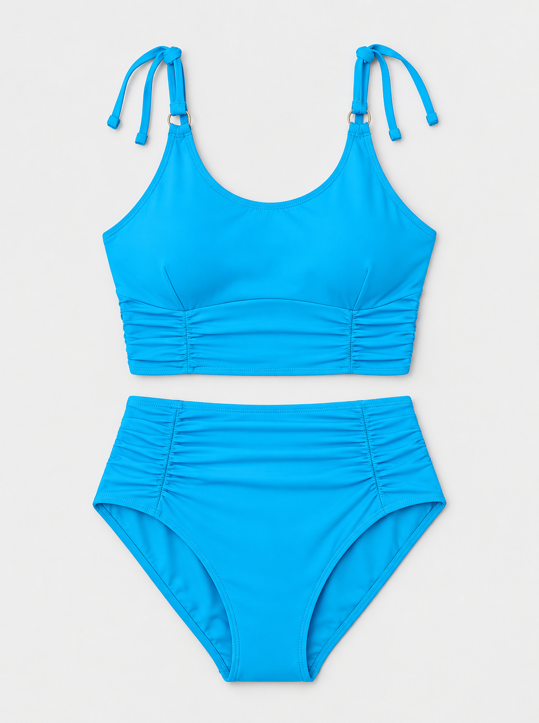 Flat lay of Shoulder Tie Ruched Two Piece Bikini - Teal on a light grey background