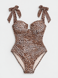 Flat lay of Shoulder Tie Underwire Leopard Swimsuit - Brown Combo on a light grey background