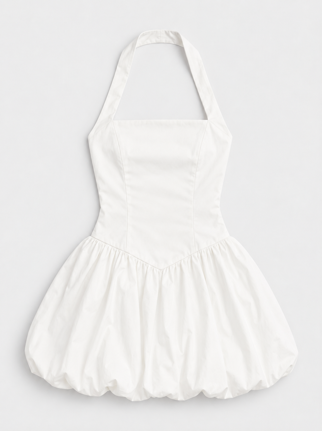 Flat lay of Square Neck Halter Bubble Mini Dress - Off White on a light grey background