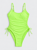 Flat lay of Strappy Scoop Neck One Piece Swimsuit - Neon Green on a light grey background