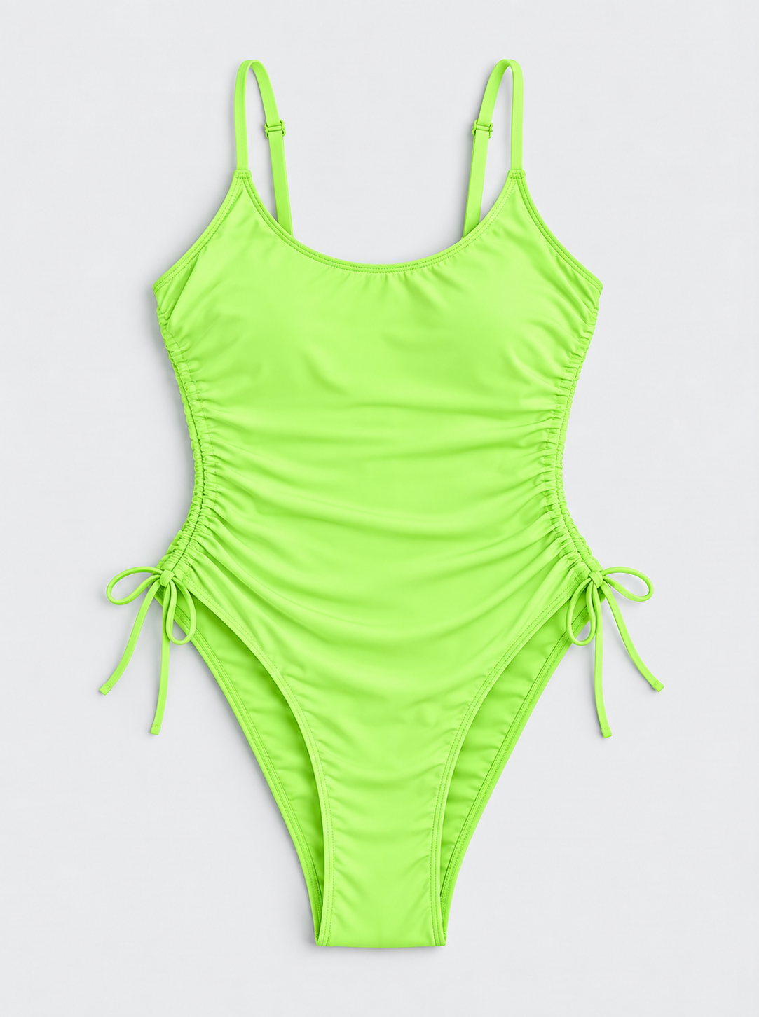 Flat lay of Strappy Scoop Neck One Piece Swimsuit - Neon Green on a light grey background