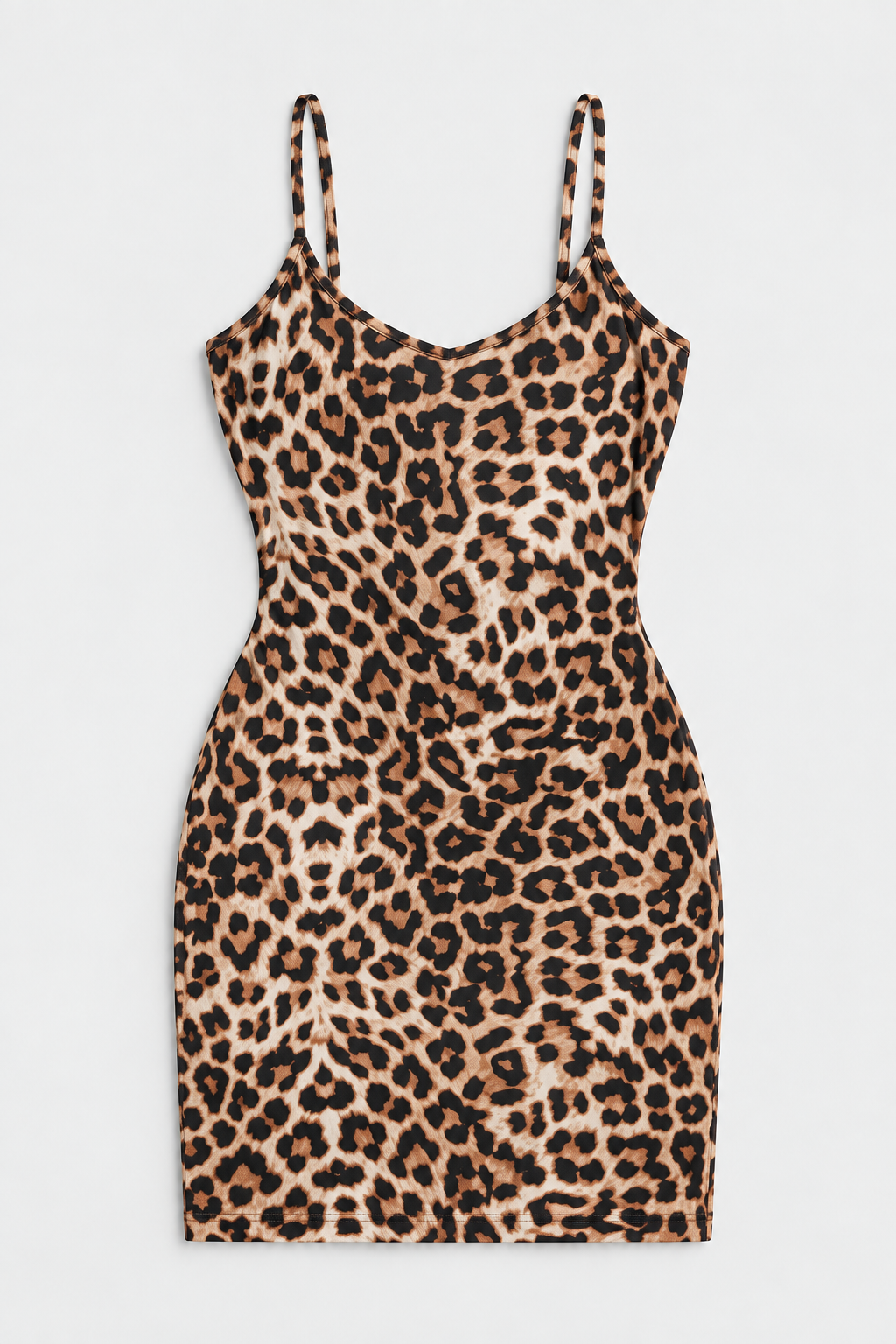 Flat lay of Strappy V Neck Leopard Mini Dress - Brown Combo on a light grey background