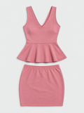 Flat lay of Stretch Ponte Top and Skirt Set - Pink on a light grey background