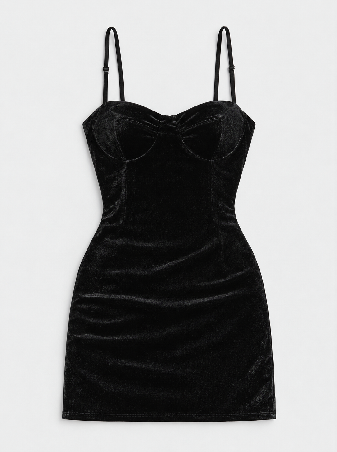 Flat lay of Sweetheart Strappy Velvet Mini Dress - Black on a light grey background