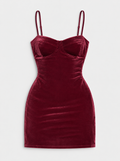 Flat lay of Sweetheart Strappy Velvet Mini Dress - Burgundy on a light grey background