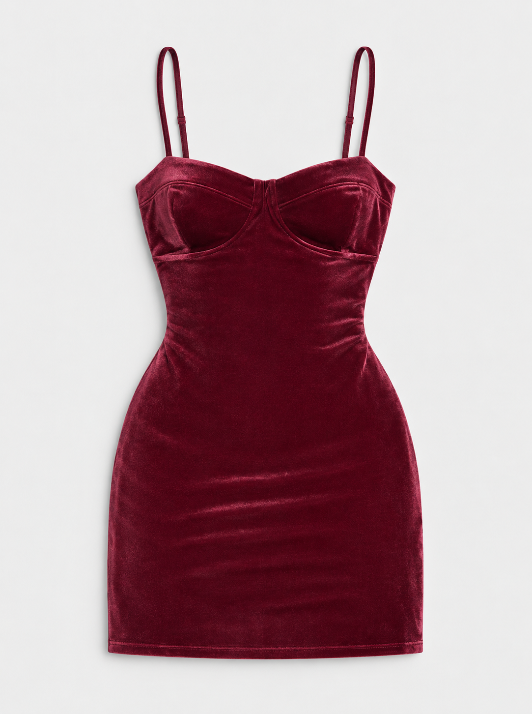 Flat lay of Sweetheart Strappy Velvet Mini Dress - Burgundy on a light grey background