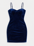 Flat lay of Sweetheart Strappy Velvet Mini Dress - Navy on a light grey background