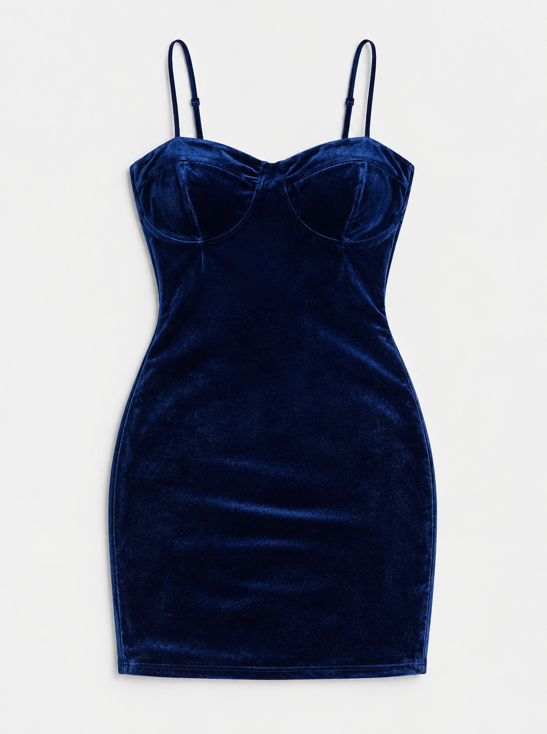 Flat lay of Sweetheart Strappy Velvet Mini Dress - Navy on a light grey background
