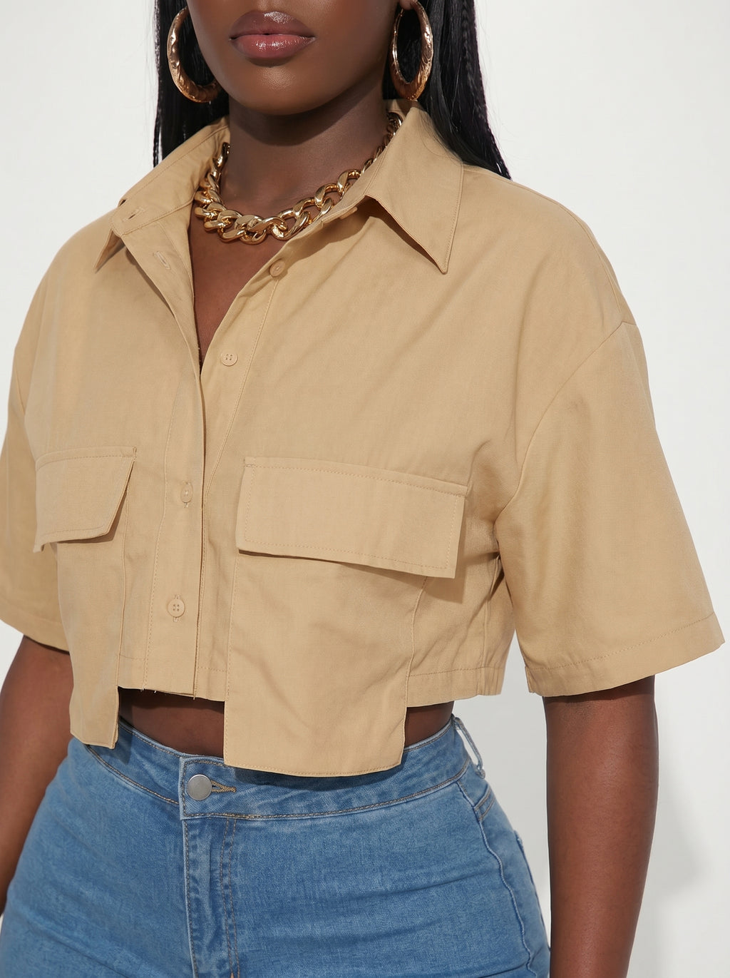 Slaydiva Casual Street Style White Polo Collar Pocket Crop Top