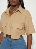 Slaydiva Casual Street Style White Polo Collar Pocket Crop Top