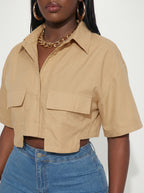 Slaydiva Casual Street Style White Polo Collar Pocket Crop Top