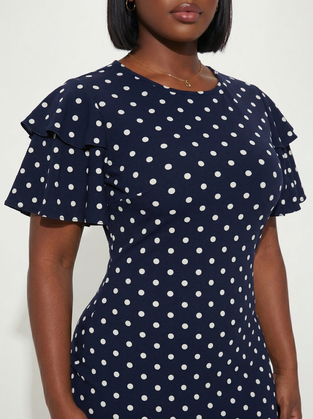 Fleurora Black Elegant Geometric Polka Dot Print Double Layer Ruffle Sleeve Dress