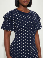 Fleurora Black Elegant Geometric Polka Dot Print Double Layer Ruffle Sleeve Dress